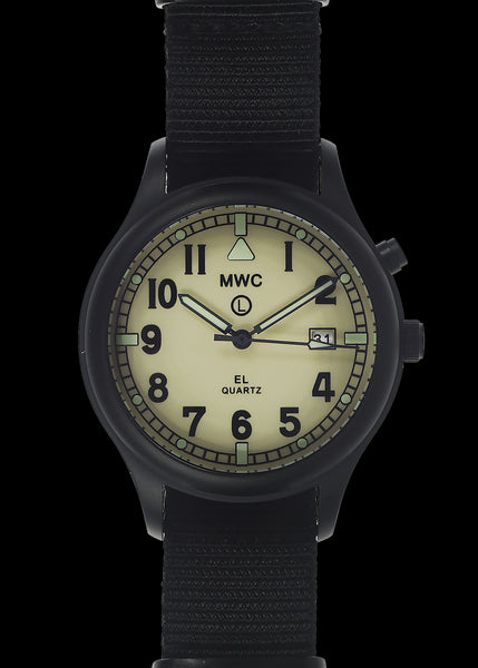MWC G10EL Black PVD Steel General Service Watch with Desert Coloured Electroluminescent (EL) Backlit Dial
