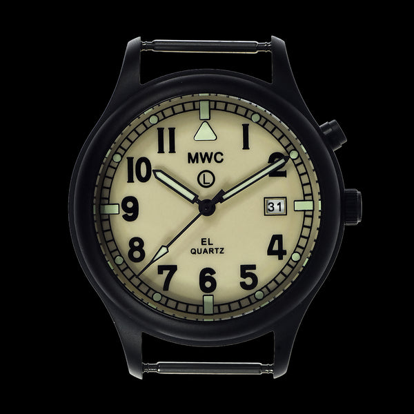 MWC G10EL Black PVD Steel General Service Watch with Desert Coloured Electroluminescent (EL) Backlit Dial