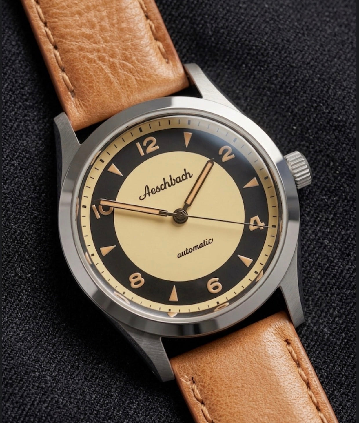 Aeschbach 1950s Pattern 25 Jewel Automatic, 200m Water Resistant Watch with Retro Luminous Paint, Sapphire Crystal & Calf Leather Strap