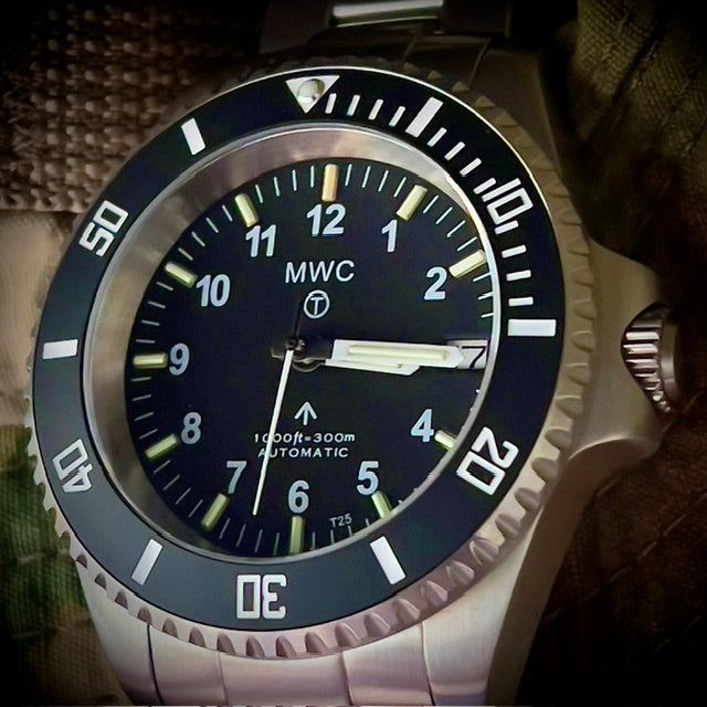 MWC 24 Jewel 300m Automatic Military Divers Watch with Tritium GTLS Illumination, Sapphire Crystal and Ceramic Bezel and Steel Bracelet