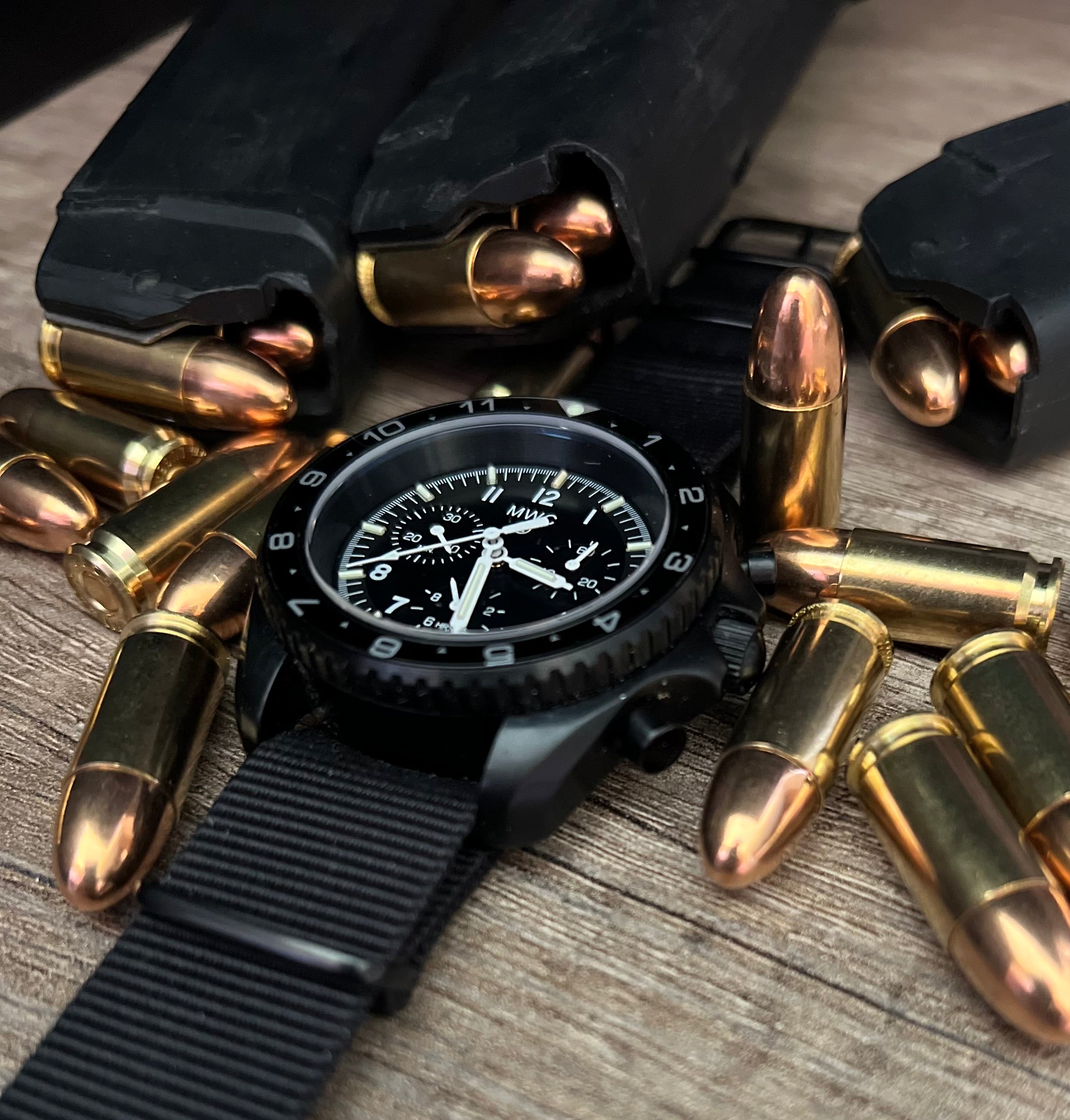 MWC NATO Pattern Stainless Steel Military Pilots Chronograph with Sapphire Crystal and Swiss Ronda Movement - 12 Hour GMT Bezel and GTLS/Tritium Illumination
