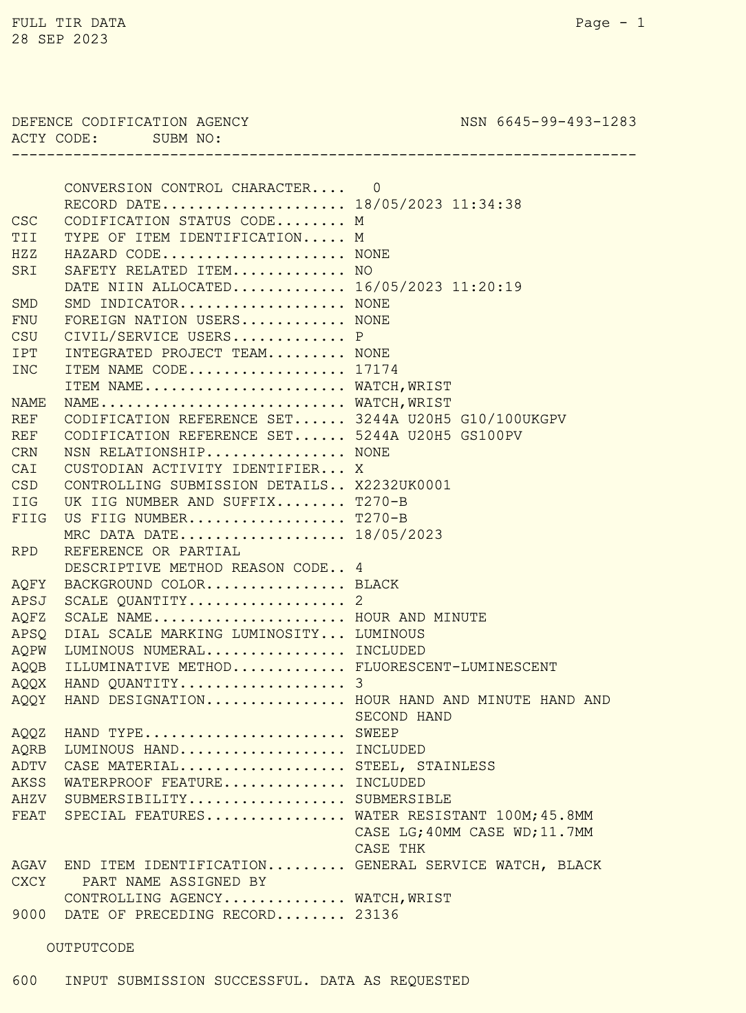 MWC G10 200m/660ft Water resistant Black PVD Steel Military Watch with Sapphire Crystal and Date - NATO Stock Number: NSN 6645-99-493-1283D