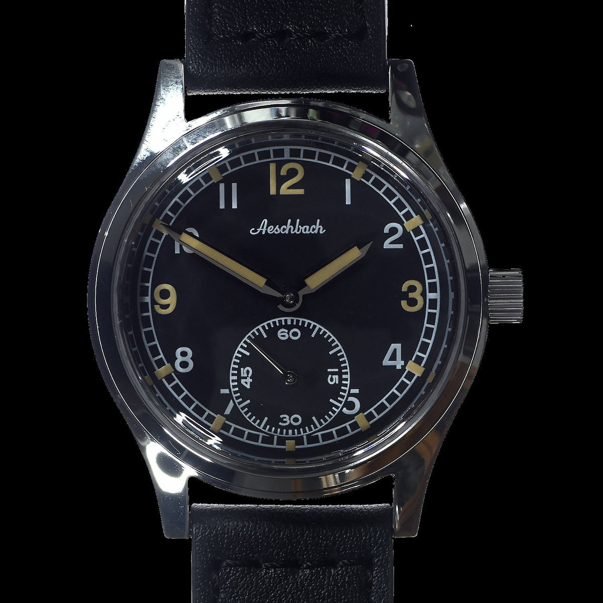 Montre Homme MWC Aeschbach WW2 Automatique - Boîtier Acier Noir 36.5mm - Bracelet Cuir - Neuf Avec Boîte