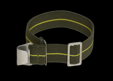 20mm Elasticated French Navy and Special Forces Strap in Green with a Yellow Stripe