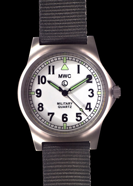 MWC G10 LM Non Date Stainless Steel Military Watch with White Dial, Non Date Version on Admiralty Grey Strap)