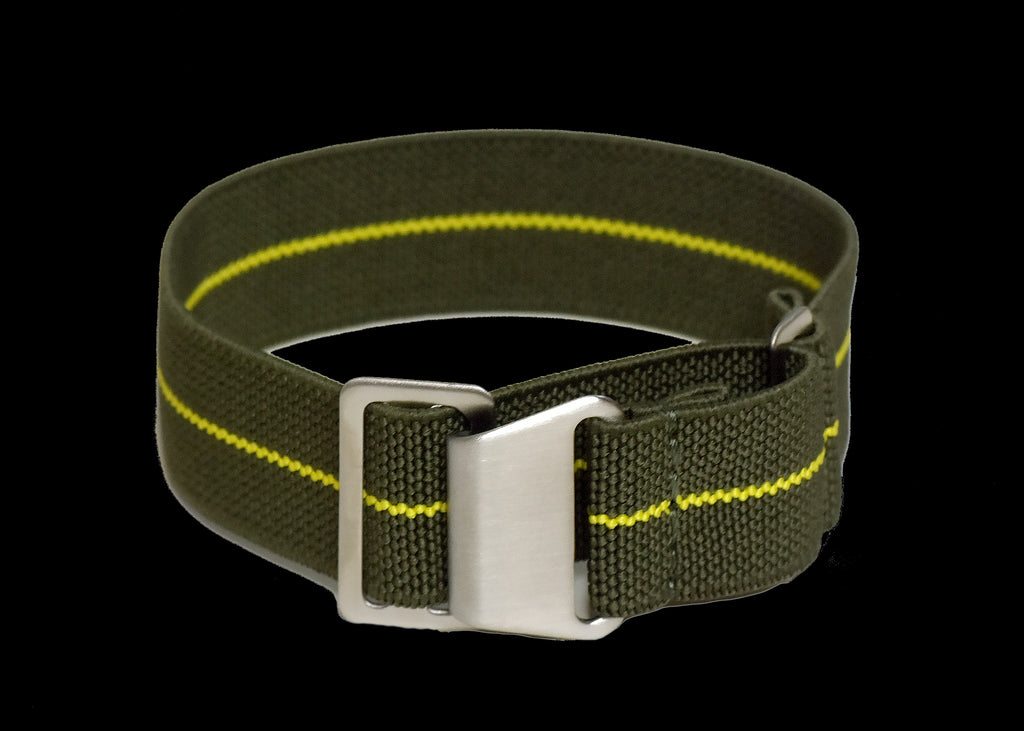 20mm Elasticated French Navy and Special Forces Strap in Green with a Yellow Stripe