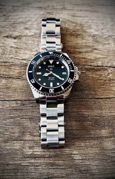 MWC 24 Jewel 300m Automatic Military Divers Watch with Sapphire Crystal and Ceramic Bezel on a Matching Stainless Steel Bracelet