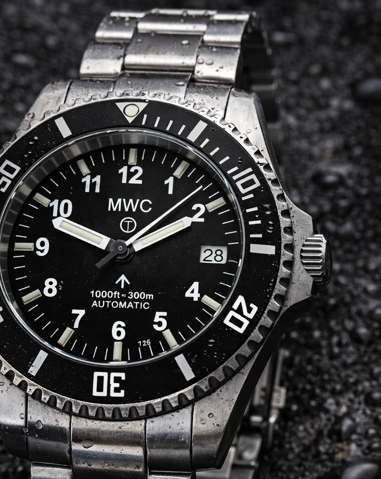 MWC 24 Jewel 300m Automatic Military Divers Watch with Tritium GTLS Illumination, Sapphire Crystal and Ceramic Bezel and Steel Bracelet