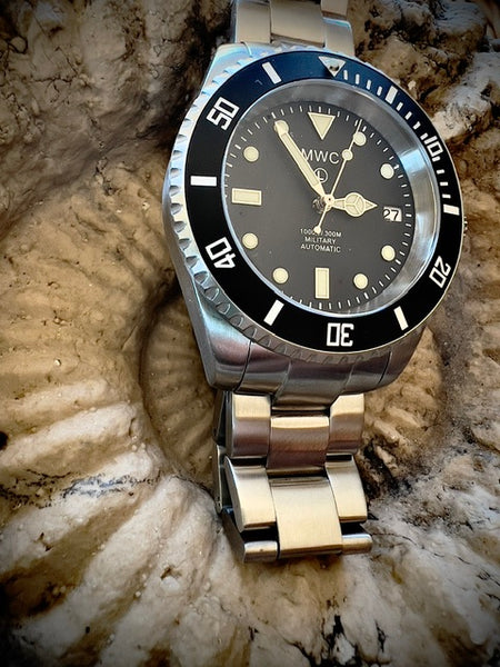 MWC 24 Jewel 300m Automatic Military Divers Watch with Sapphire Crystal and Ceramic Bezel on a Matching Stainless Steel Bracelet